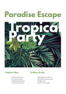 Dark vector tropical summer party flyer design with green jungle palm leaves. 库存插图