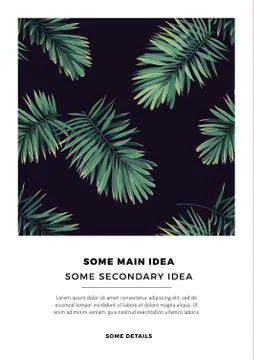 Dark vector tropical summer party flyer design with green jungle palm leaves. Stock Illustration