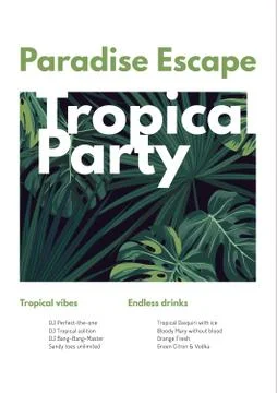 Dark vector tropical summer party flyer design with green jungle palm leaves. Stock Illustration