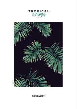 Dark vector tropical typography postcard design with green jungle palm leaves Stock Illustration