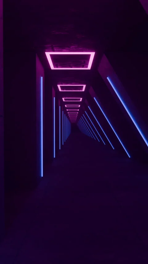 Dark vertical corridor loop with bright blue pink neon lights illuminating walls Stock Footage 277452245