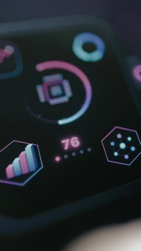 Dark vertical mobile dashboard combines a glowing processor meter Stock Footage 342488366