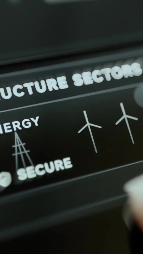 Dark vertical security card shows a power transmission tower and wind turbine Stock Footage 343365234