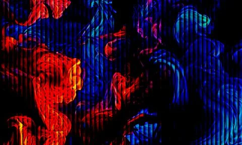 Dark vertical slat texture background with vibrant red and blue smoke abstr.. Stock Illustration