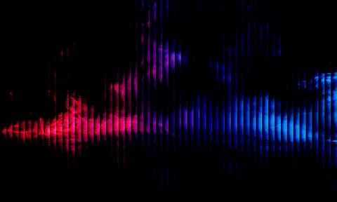 Dark vertical slat texture background with vibrant red and blue neon light .. Stock Illustration