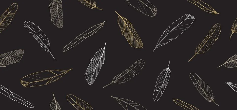 Dark vintage seamless pattern with hand drawn feathers. Vector illustration. Stock Illustration