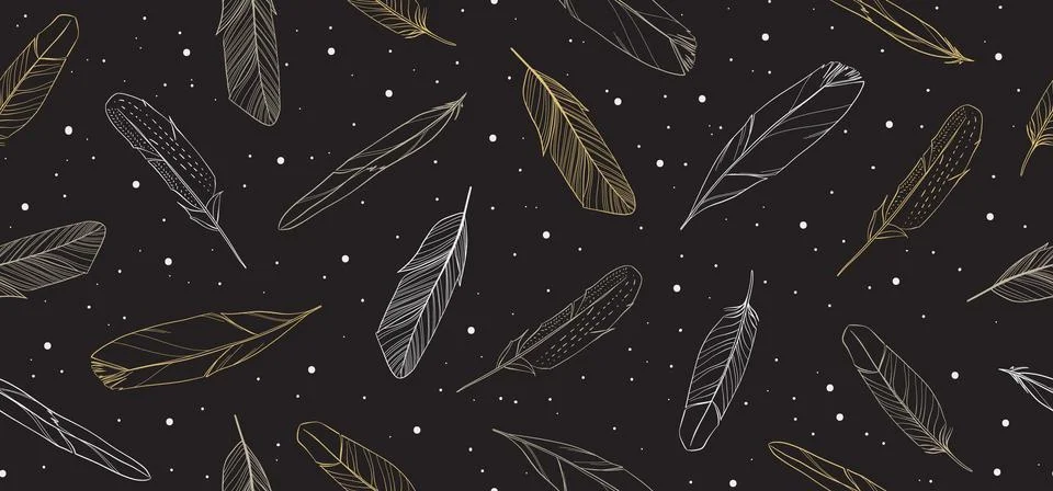 Dark vintage seamless pattern with hand drawn feathers. Vector illustration. Stock Illustration