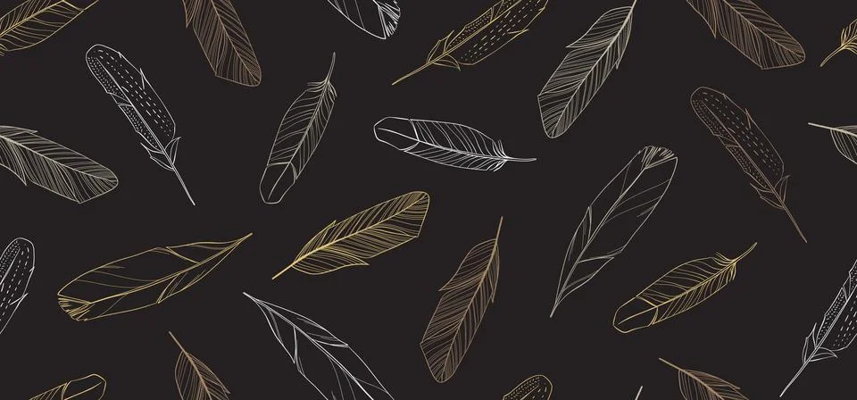 Dark vintage seamless pattern with hand drawn feathers. Vector illustration. Stock Illustration