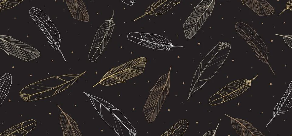 Dark vintage seamless pattern with hand drawn feathers. Vector illustration. Stock Illustration