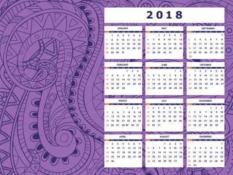 Dark violet tangle zen pattern calendar year 2018 Stock Illustration