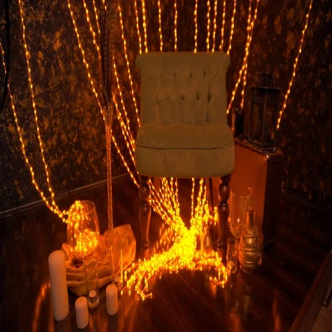 Dark wall and floor decorated with yellow christmas lights. Stock Footage 69563261