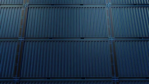 Dark wall of containers is depicted in a wireframe style. 3D render. Isolated Stock Footage 287598163