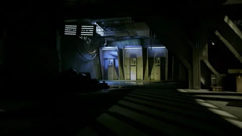 Dark warehouse corridor featuring illuminated patterns and neglected fixtures Stock Footage 341587026