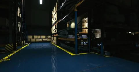 Dark warehouse interior with stacked boxes and reflective floor surfaces Stockillustratie