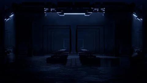 Dark warehouse with nested square frames and glowing wall lamps 库存插图