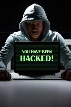 Dark, warning and portrait of hacker on laptop for online fraud, cybersecur.. Stock Photos