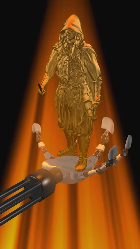 Dark warrior gold in robot hand Stockbeeldmateriaal 331860771