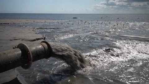 Dark water from a pipe on the beach Stock Footage 114749597