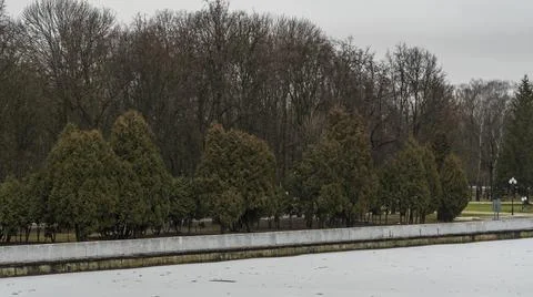 Dark waters of the river with thin plates of ice. The first ice on the river  Stock Photos