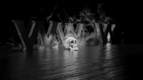 Dark web. 3d black text with skull and smoke. Illustrazione stock