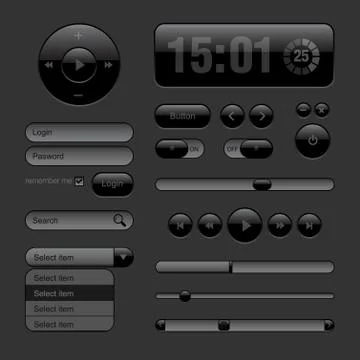 Dark Web UI Elements. Buttons, Switches, bars Illustrazione stock