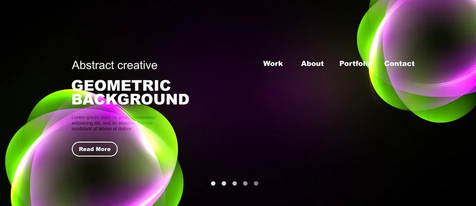 Dark website banner features vibrant geometric shapes, text elements, navig.. イラスト素材