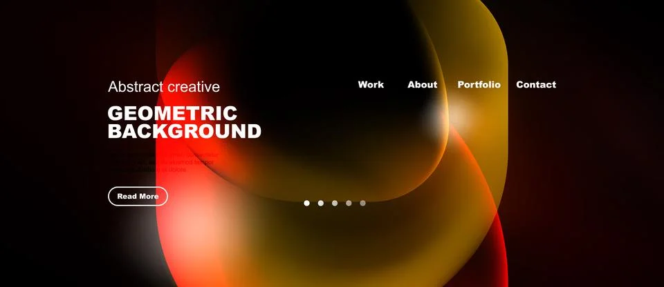 Dark website design features abstract shapes, text elements, navigation menu. イラスト素材