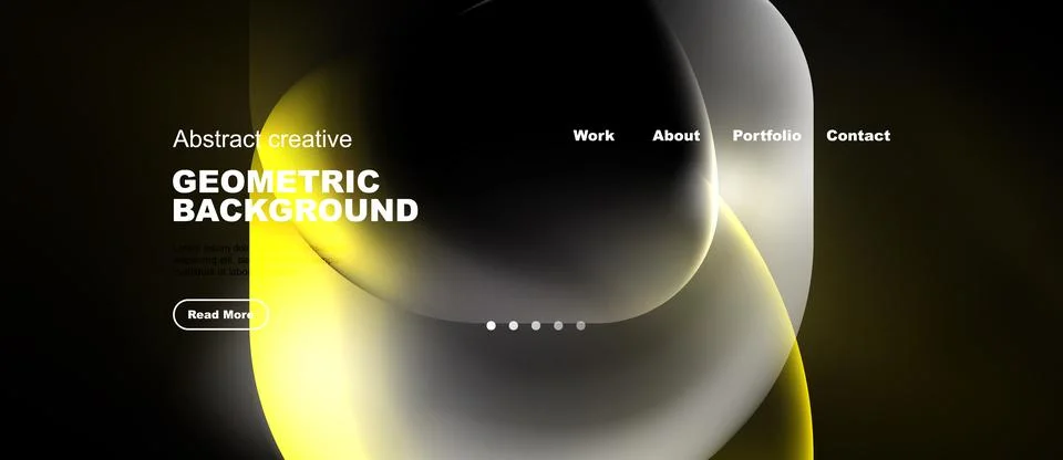 Dark website design features abstract shapes, yellow highlights, navigation.. イラスト素材