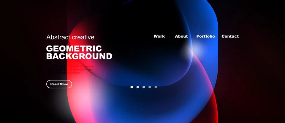 Dark website design features abstract shapes, vibrant colors, navigation menu Illustrazione stock