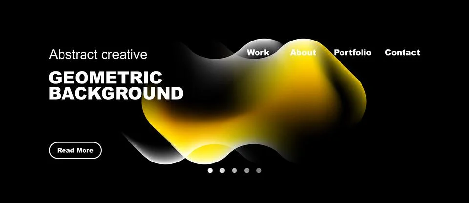 Dark website design features abstract yellow shapes, navigation menu, text 库存插图