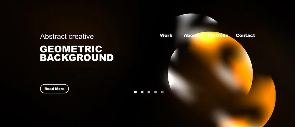 Dark website design features abstract shapes, text elements, navigation menu. Stock Illustration