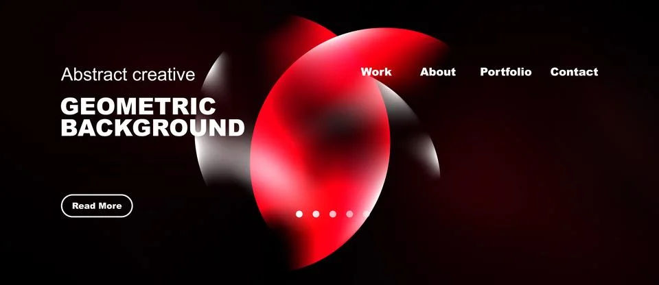 Dark website design features abstract red shapes, text elements, navigation.. Illustrazione stock
