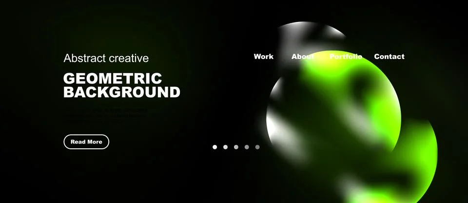 Dark website design features abstract green shapes, text elements, navigation Stock Illustration