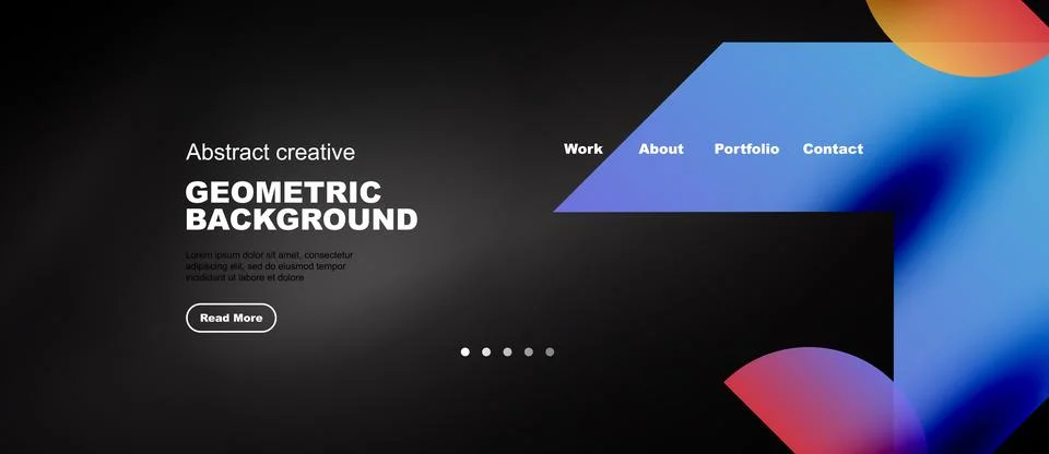 Dark website design features abstract geometric shapes, text, navigation menu Illustrazione stock