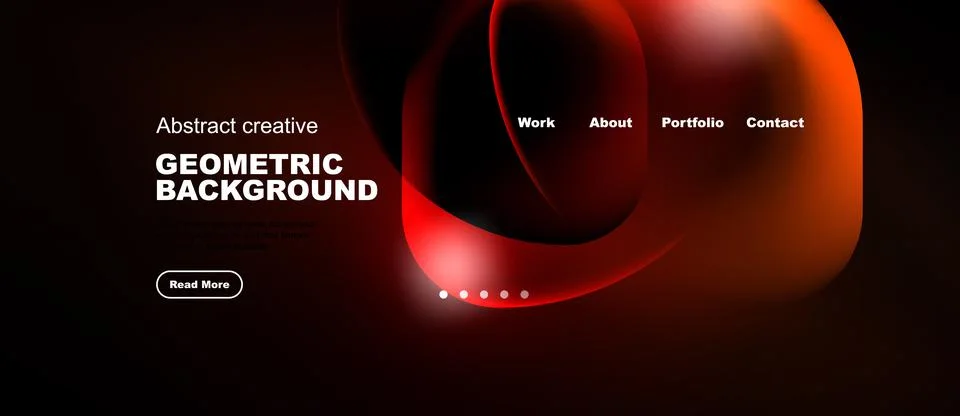 Dark website design features flowing red shapes. Navigation includes work, .. Stock Illustration