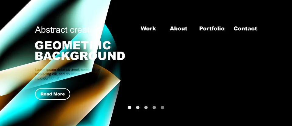 Dark website design features geometric shapes, teal hues, text overlay, Stock Illustration