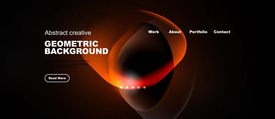 Dark website design features orange abstract shapes. Navigation includes work Stockillustratie
