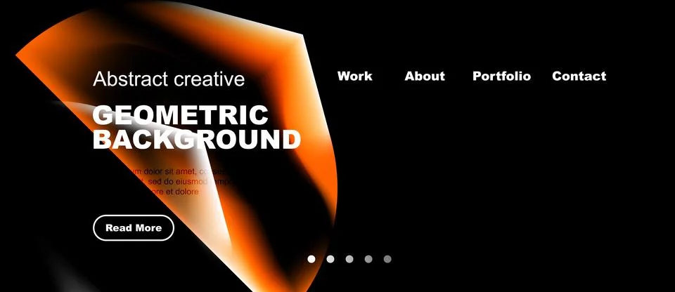 Dark website design features orange geometric shapes, text elements, navigati Stock Illustration