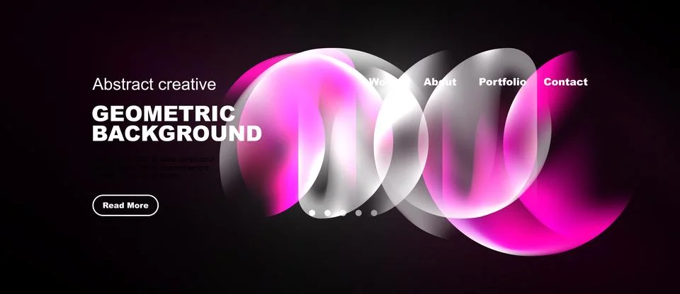 Dark website design features pink geometric shapes, text elements. Navigation Illustrazione stock