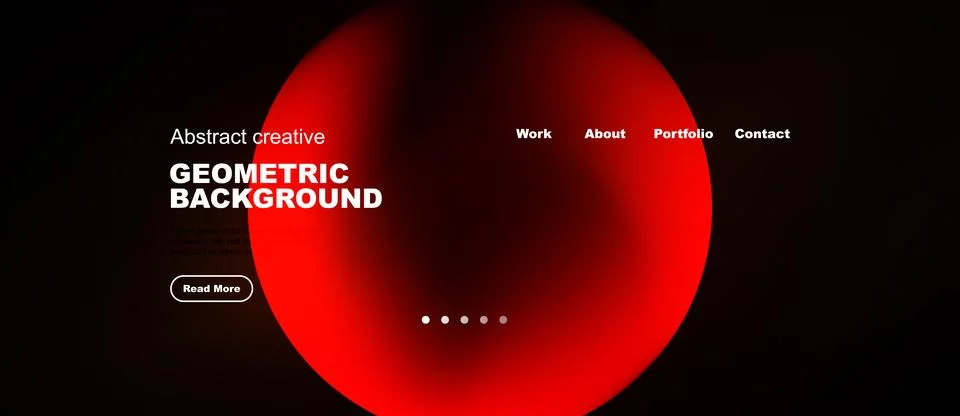 Dark website design features red orb. Text includes geometric background, Stock Illustration