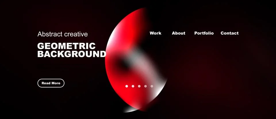 Dark website design features red geometric shapes, navigation menu, text Illustrazione stock