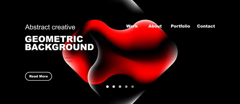 Dark website design features red abstract shapes, white text, navigation menu Stock Illustration