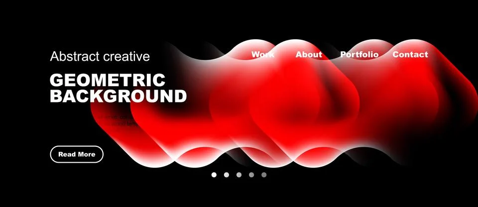 Dark website design features red flowing shapes, navigation menu. Minimalist Illustrazione stock