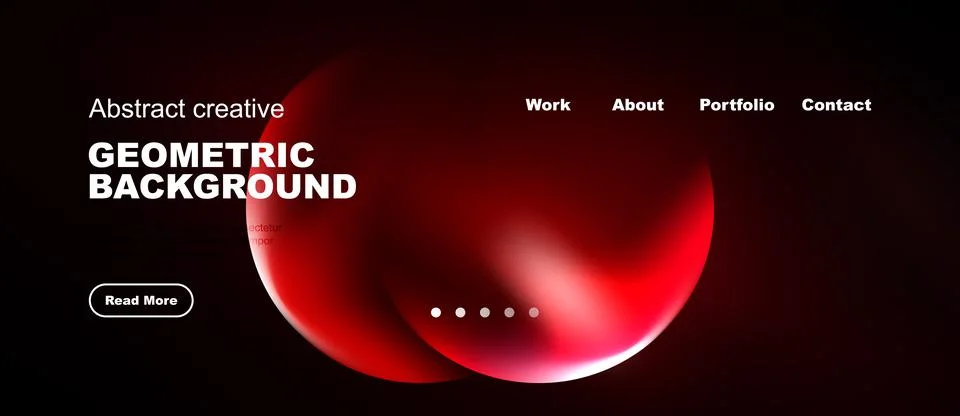 Dark website design features red abstract shapes, text elements, navigation 库存插图