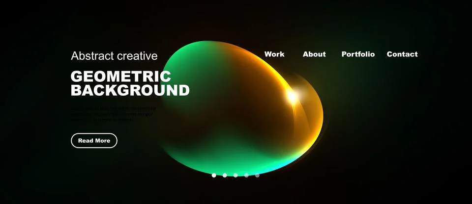 Dark website design features vibrant geometric shapes, text elements, navig.. Illustrazione stock