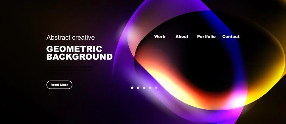 Dark website design features vibrant abstract shapes, text elements, navigati イラスト素材