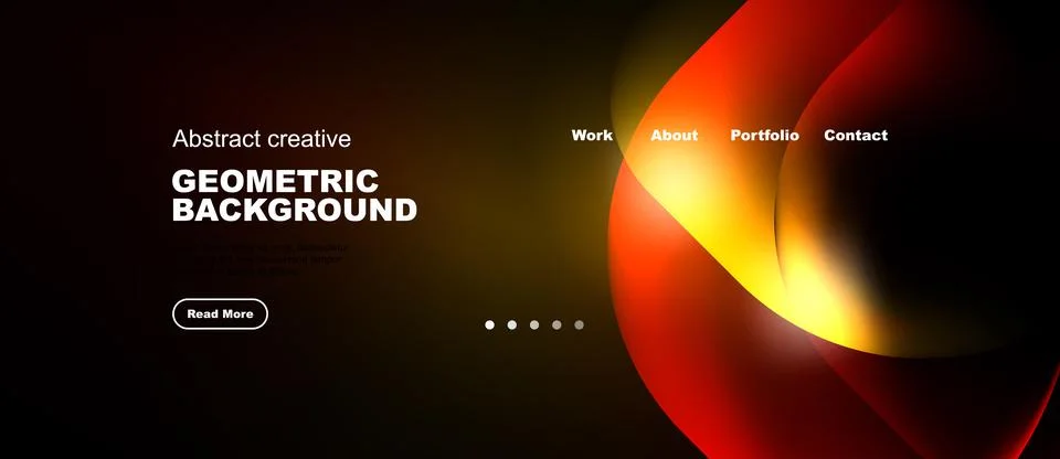 Dark website design features vibrant orange swirl. Minimalist layout includes Stock Illustration