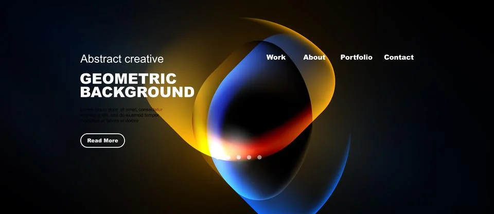 Dark website design features vibrant geometric shapes, text elements, navig.. イラスト素材