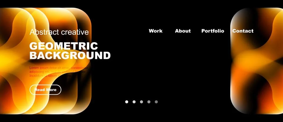 Dark website design features vibrant orange geometric shapes. Navigation 库存插图