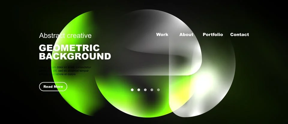 Dark website design features vibrant green abstract shapes, text elements, イラスト素材